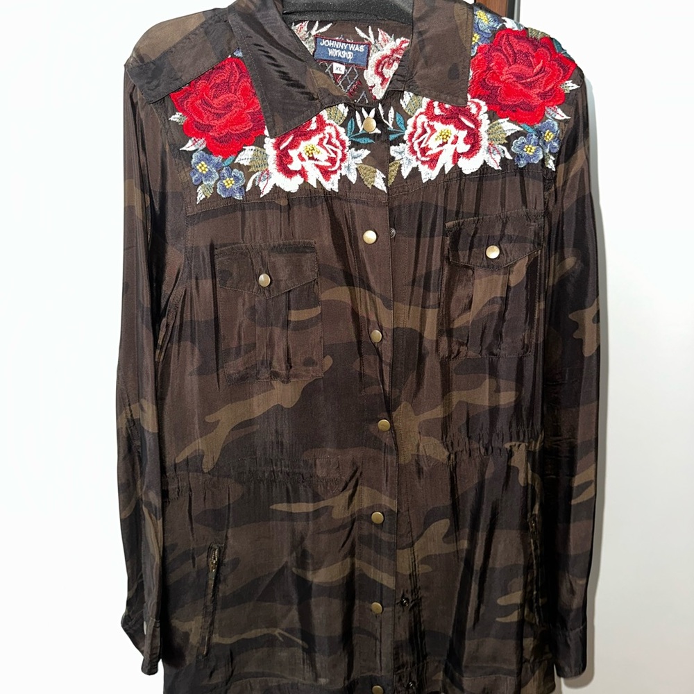 Johnny Was Brown Jacket with Red and Gray Embroidery